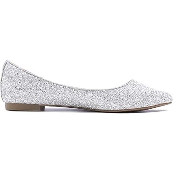 New Fever Sole Womens 7 Silver Glitter Pointed Toe Slip On Ballet Flat Shoes - Picture 4 of 5
